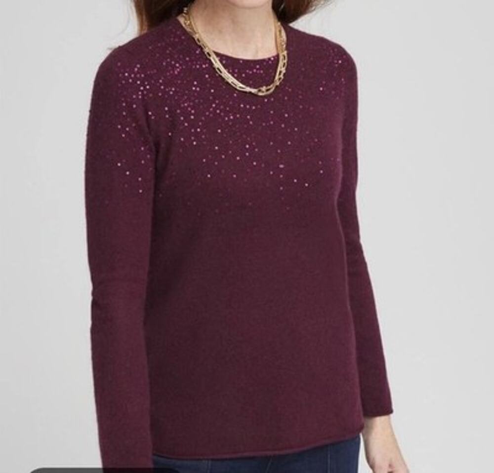 Chicos Cashmere Burgundy Sweater Womens Size 3 XL 14 16 Sequin Long Sleeve Crew